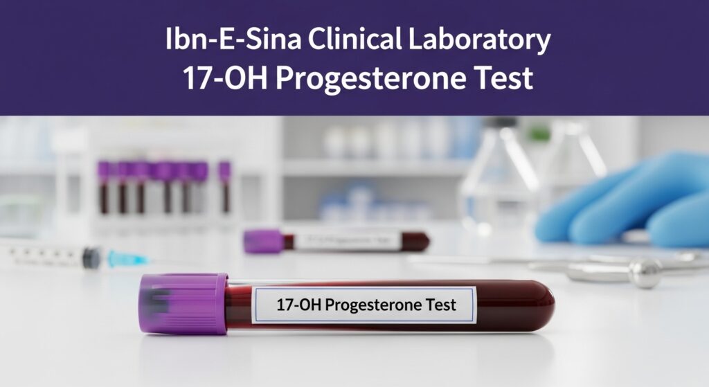 Blood sample vial labeled "17-OH Progesterone Test" on a lab table with purple-capped tubes and lab equipment in the background