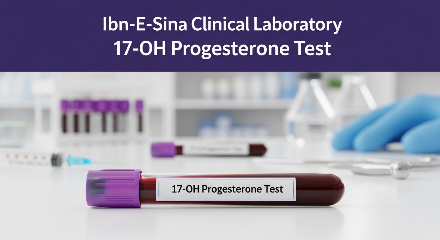 Blood sample vial labeled "17-OH Progesterone Test" on a lab table with purple-capped tubes and lab equipment in the background