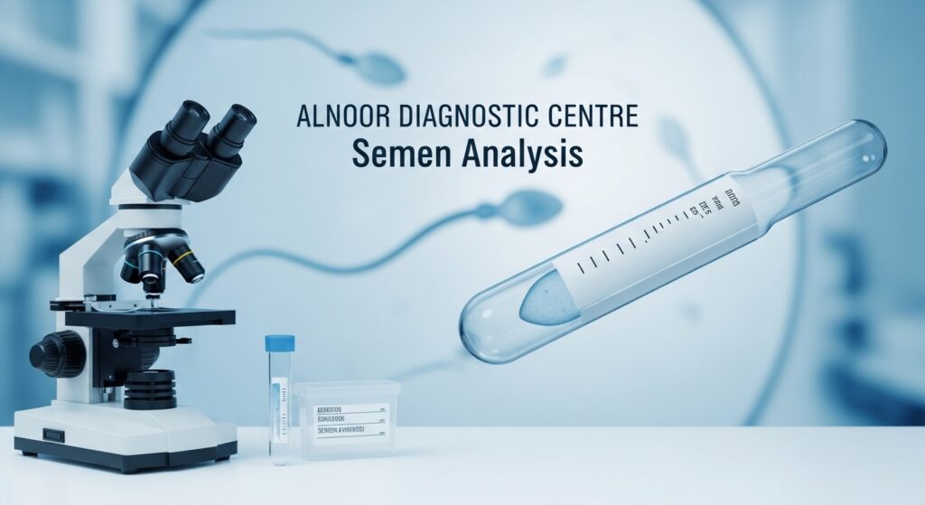 A microscope and semen sample container with "Alnoor Diagnostic Centre Semen Analysis" text and sperm illustrations, highlighting fertility testing.