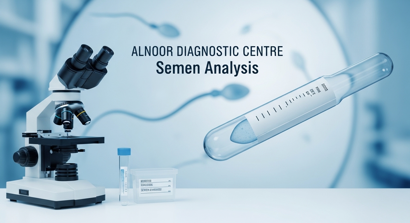 A microscope and semen sample container with "Alnoor Diagnostic Centre Semen Analysis" text and sperm illustrations, highlighting fertility testing.