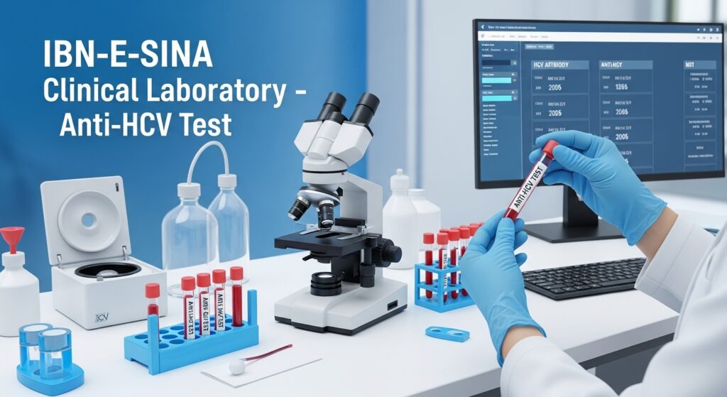 Technician performing Anti-HCV Test at Ibn-E-Sina Clinical Laboratory with microscope and test tubes