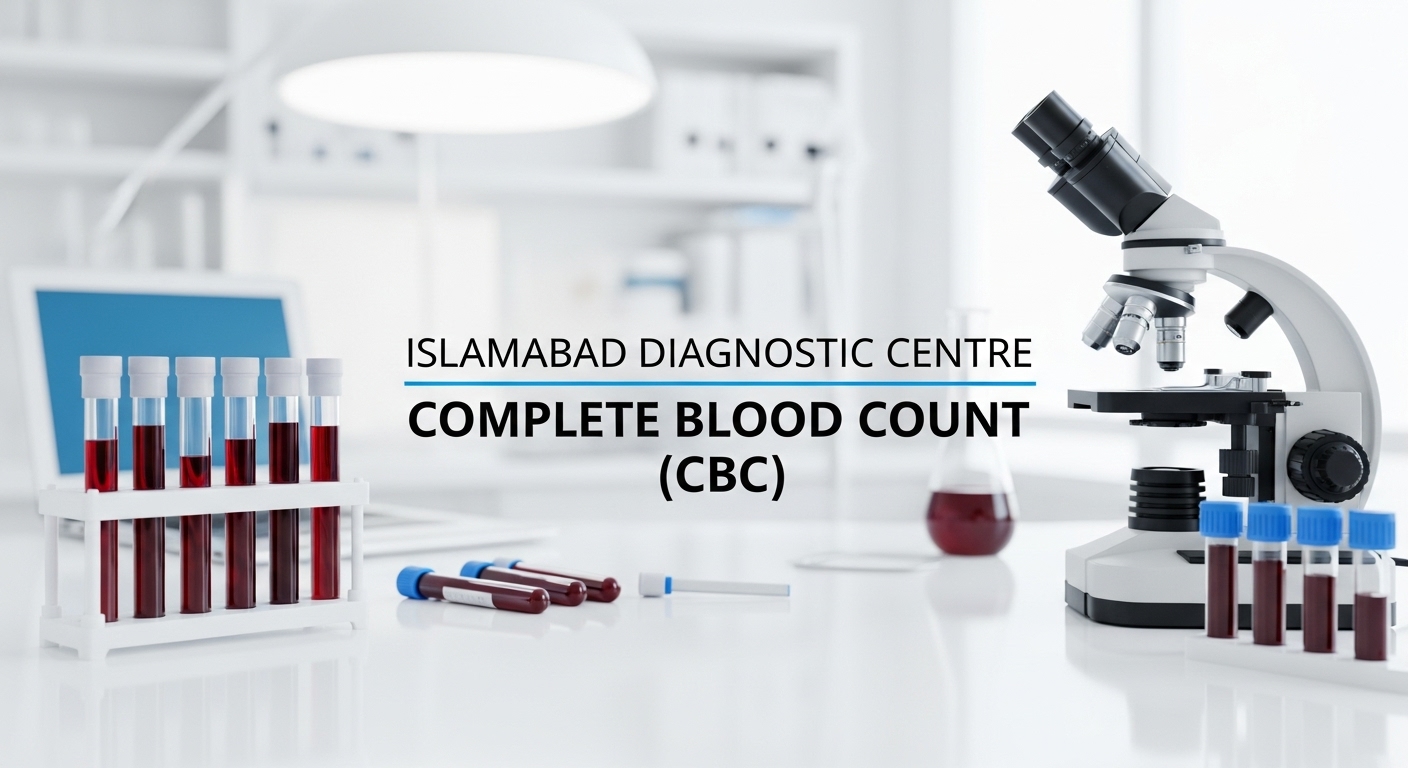 Lab scene at Islamabad Diagnostic Centre with microscope and blood sample tubes for Complete Blood Count (CBC) test.
