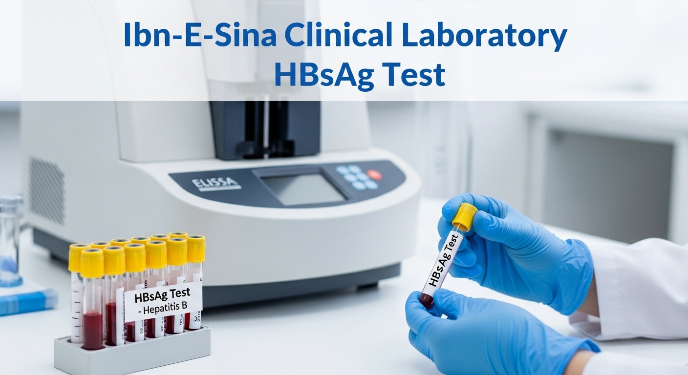 A lab technician in blue gloves holds a blood sample tube labeled "HBsAg Test" next to a rack of similar tubes and an ELISA machine in a clinical laboratory