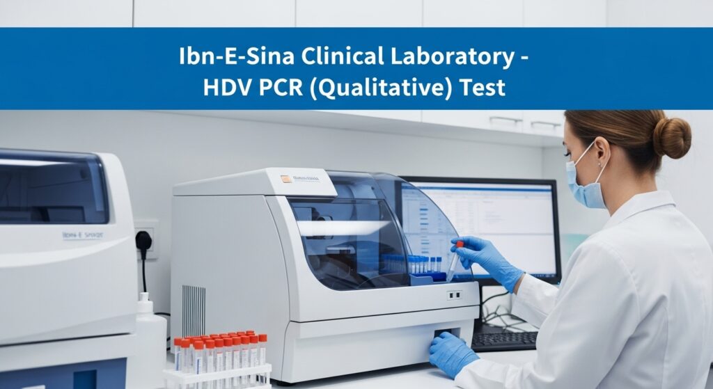 A lab technician in PPE performs HDV PCR qualitative test at Ibn-E-Sina Clinical Laboratory using automated equipment and sample tubes.