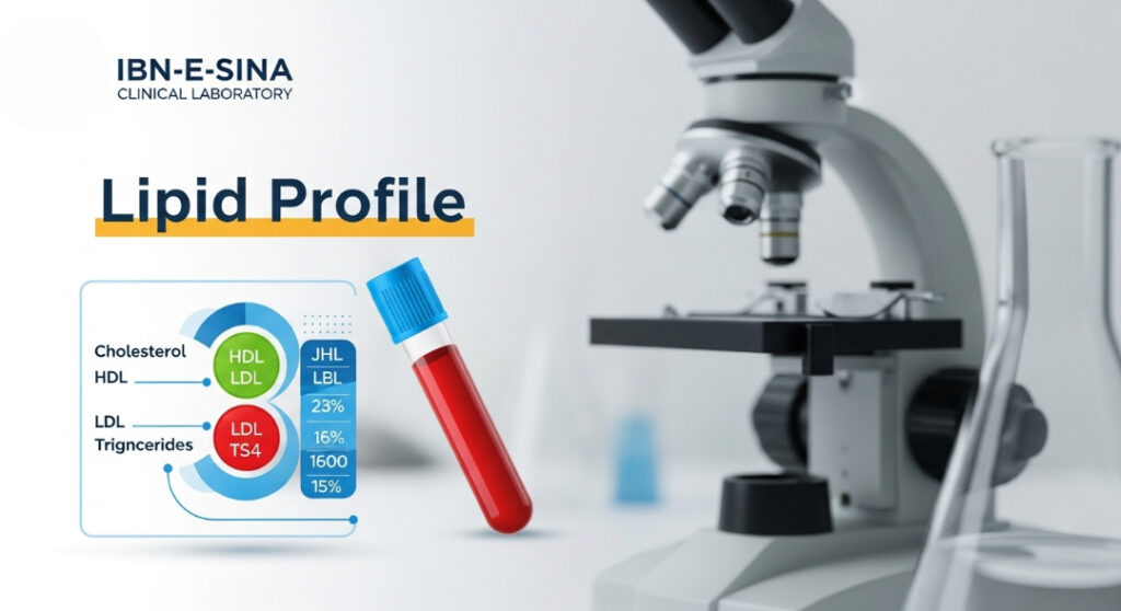 Ibn-E-Sina Clinical Laboratory Lipid Profile Test: Cholesterol 230 mg/dL, HDL 23, LDL 160, Triglycerides 150 mg/dL.