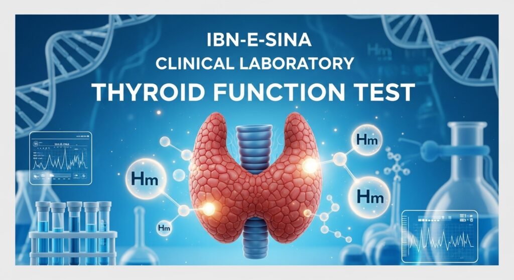Ibn-E-Sina Clinical Laboratory's Thyroid Function Test, featuring a stylized thyroid gland, DNA helix, lab equipment, and hormone symbols