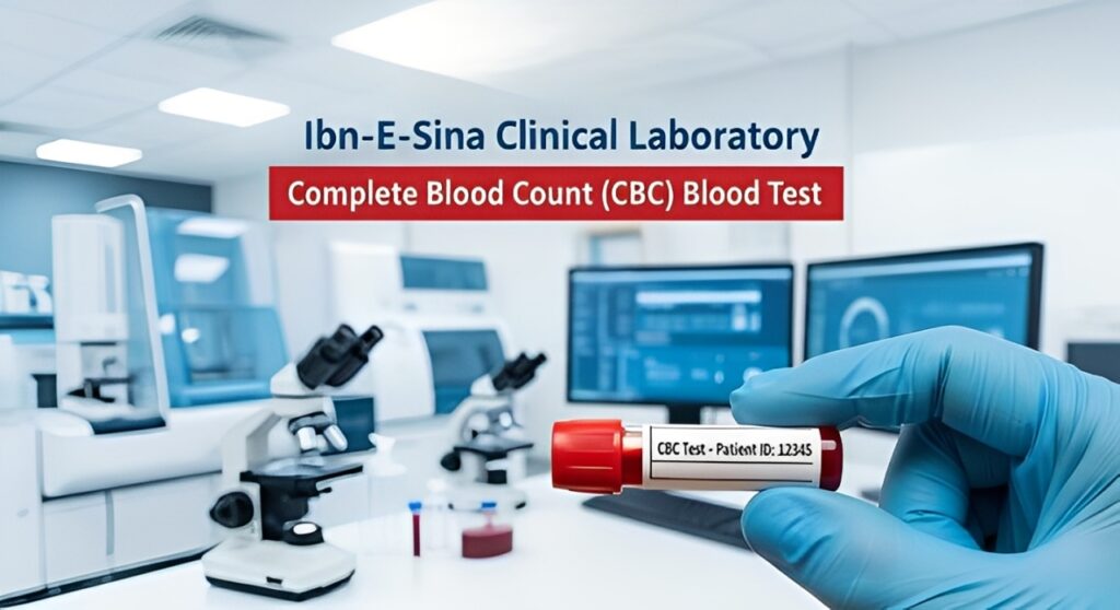 CBC test sample at Ibn-E-Sina Clinical Laboratory with test tube and lab equipment