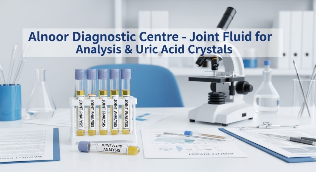 Laboratory setup at Alnoor Diagnostic Centre showing test tubes labeled "Joint Fluid Analysis" with yellowish samples, a microscope, and diagnostic reports for uric acid crystal examination.