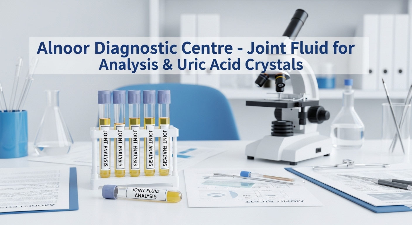 Laboratory setup at Alnoor Diagnostic Centre showing test tubes labeled "Joint Fluid Analysis" with yellowish samples, a microscope, and diagnostic reports for uric acid crystal examination.