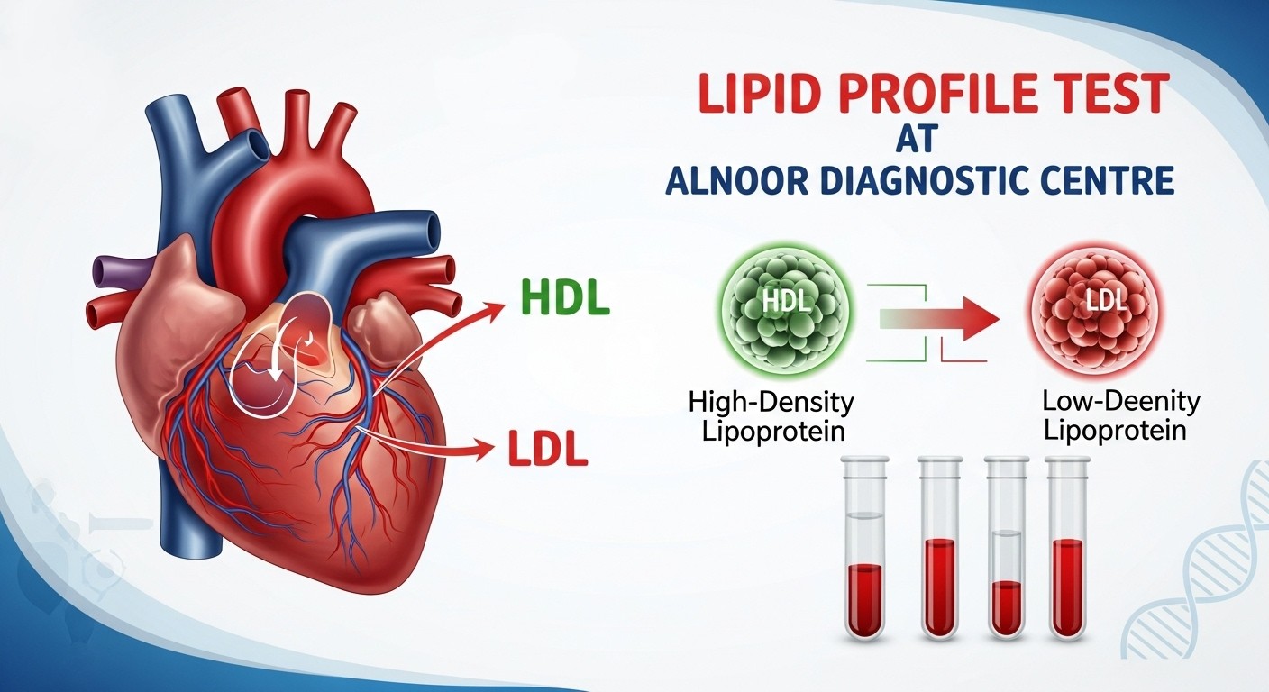Illustration of heart showing HDL and LDL cholesterol with Lipid Profile Test at Alnoor Diagnostic Centre.