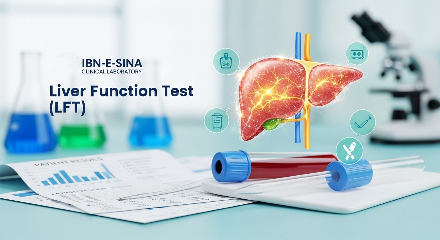 Liver Function Test (LFT) by Ibn-E-Sina Clinical Lab showing blood sample and patient results charts for diagnosis.