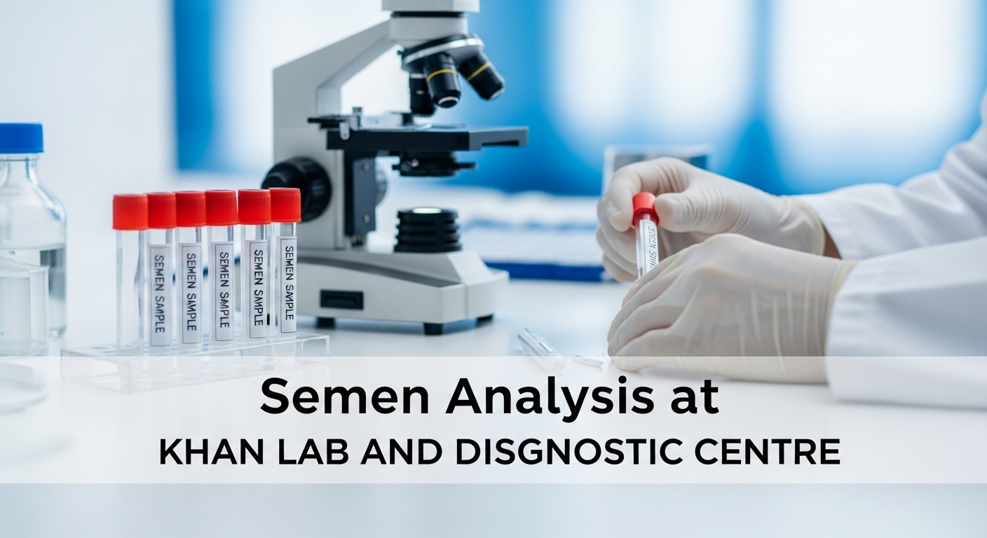 Laboratory technician in gloves examining semen sample tubes under a microscope for fertility analysis at Khan Lab and Diagnostic Centre.