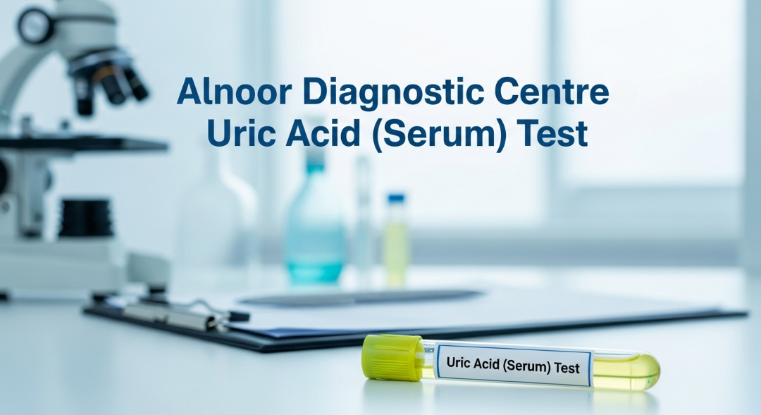 Uric Acid (Serum) Test at Alnoor Diagnostic Centre - blood sample vial with lab microscope