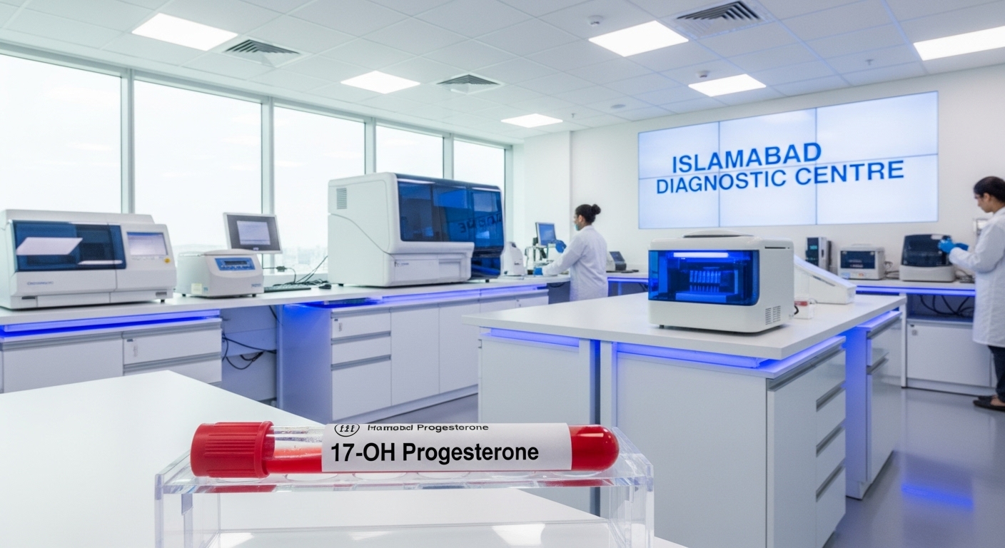 A laboratory setup at Islamabad Diagnostic Centre showing a 17-OH Progesterone test sample for hormone testing.