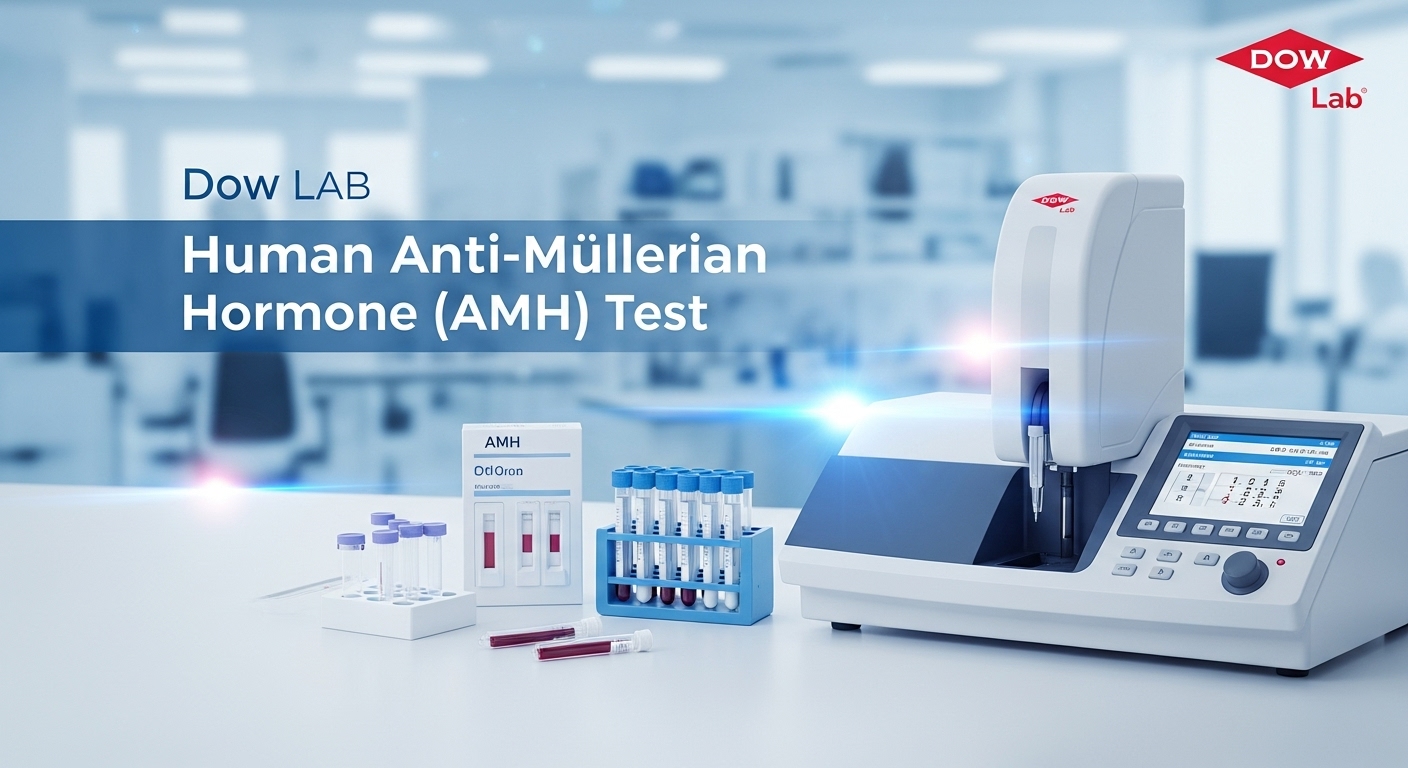 Dow Lab Human Anti-Müllerian Hormone (AMH) test equipment and blood samples in a modern laboratory.