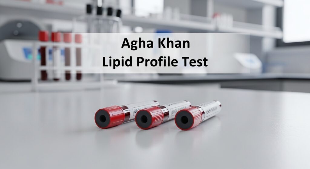 Three blood sample tubes labeled for Lipid Profile Test placed on a laboratory table at Agha Khan Lab.