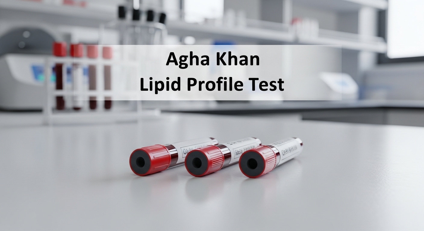 Three blood sample tubes labeled for Lipid Profile Test placed on a laboratory table at Agha Khan Lab.