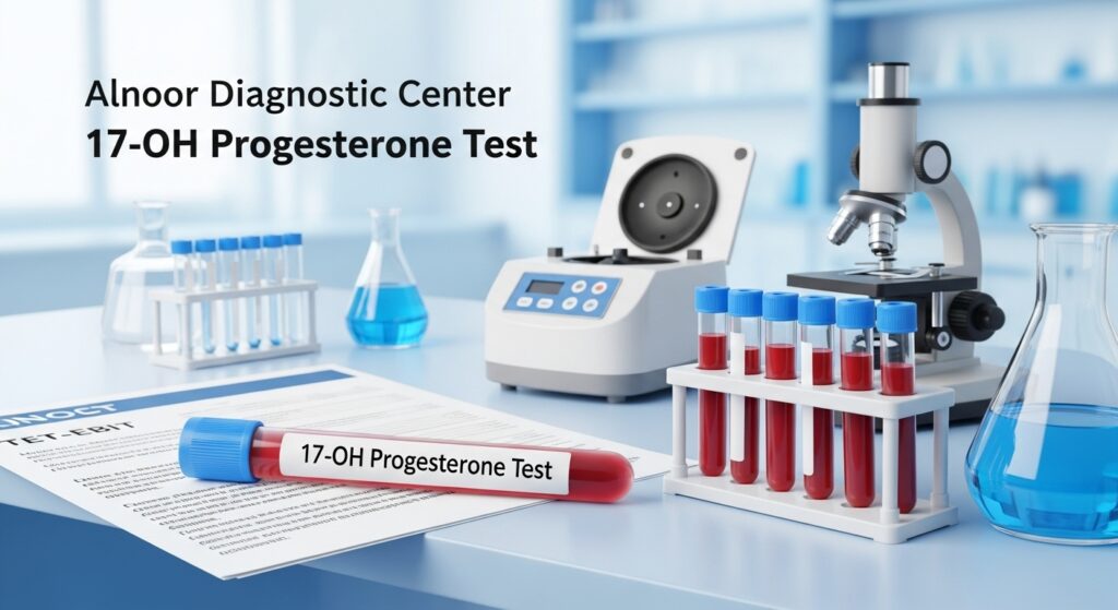 17-OH Progesterone test Blood Test setup at Alnoor Diagnostic Center, showing test tubes, a microscope, and a centrifuge on the lab bench.