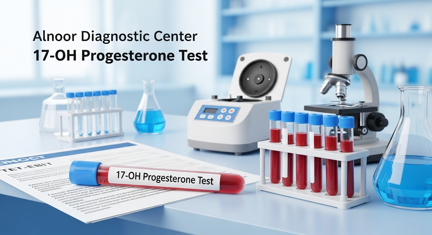 17-OH Progesterone test Blood Test setup at Alnoor Diagnostic Center, showing test tubes, a microscope, and a centrifuge on the lab bench.