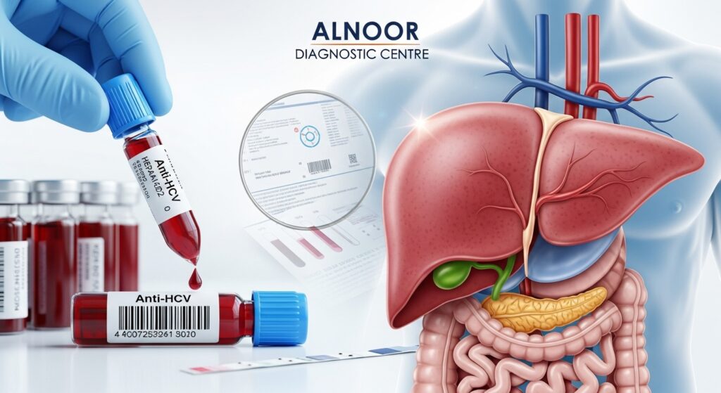 Anti-HCV (ELISA) Test sample and liver anatomy illustration at Alnoor Diagnostic Centre for Hepatitis C detection