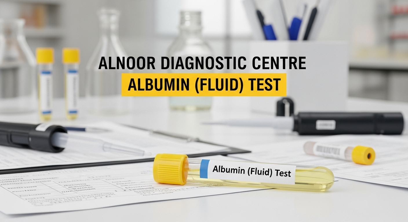 Alnoor Diagnostic Centre Albumin (Fluid) Test sample tube on laboratory table.