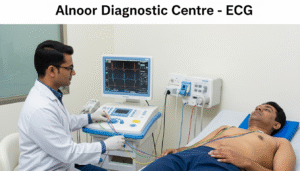 Doctor performing Alnoor Diagnostic Centre ECG Test with patient connected to heart monitoring machine
