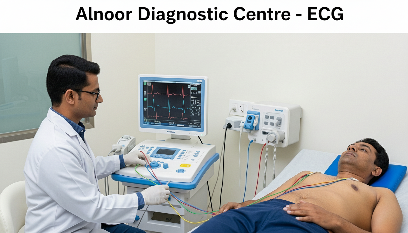 Doctor performing Alnoor Diagnostic Centre ECG Test with patient connected to heart monitoring machine