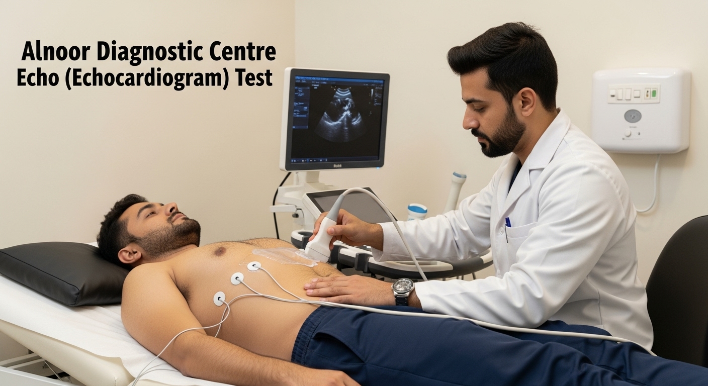 Male patient undergoing an echocardiogram (Echo) test at Alnoor Diagnostic Centre with a technician using an ultrasound probe.