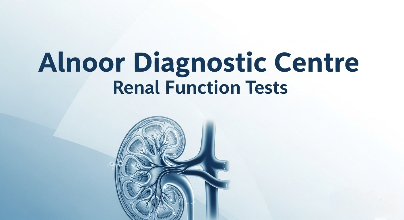 Kidney illustration with Alnoor Diagnostic Centre Renal Function Tests text on a medical background.