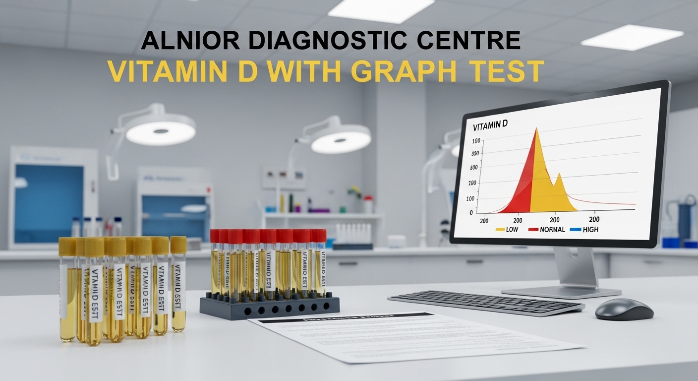 Laboratory setup showing Vitamin D test tubes and computer graph displaying Vitamin D levels at Alnoor Diagnostic Centre.