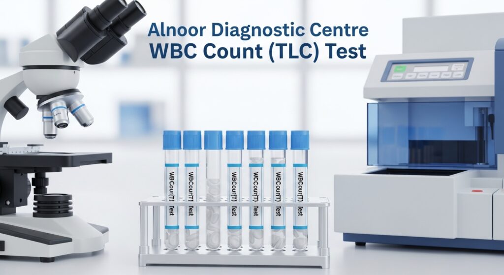 Blood sample vials and lab equipment for WBC Count (TLC) Test at Alnoor Diagnostic Centre