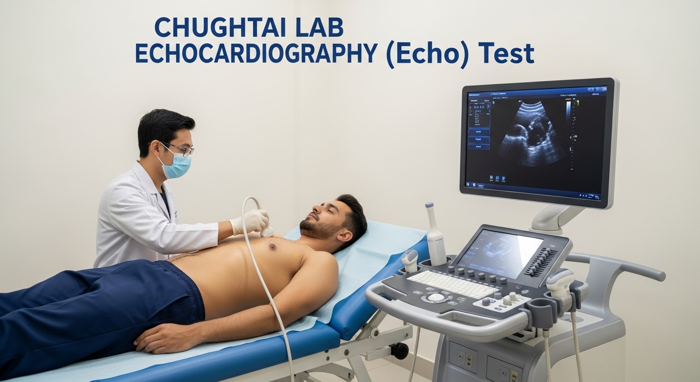 A male patient undergoing an Echocardiography (Echo) test at Chughtai Lab, with a healthcare professional using an ultrasound probe and the heart images visible on the monitor.