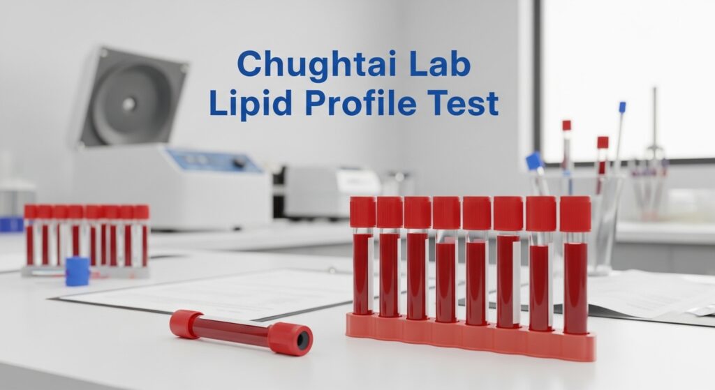 Blood sample tubes for lipid profile test at Chughtai Lab on a laboratory table.