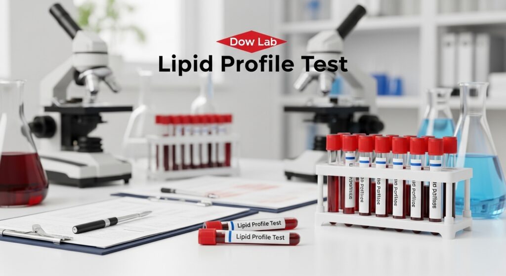 Test tubes with blood samples labeled "Lipid Profile Test" on a laboratory table with microscopes and beakers in Dow Lab.