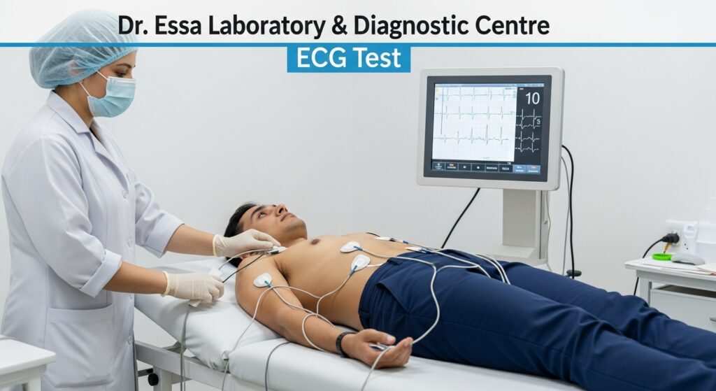 A patient undergoing an ECG test at Dr. Essa Laboratory & Diagnostic Centre, showing electrodes attached and heart activity displayed on a monitor.