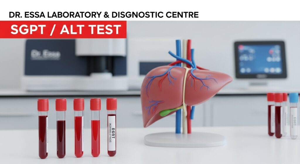 Blood sample tubes and liver model representing the SGPT / ALT Test at Dr. Essa Laboratory & Diagnostic Centre