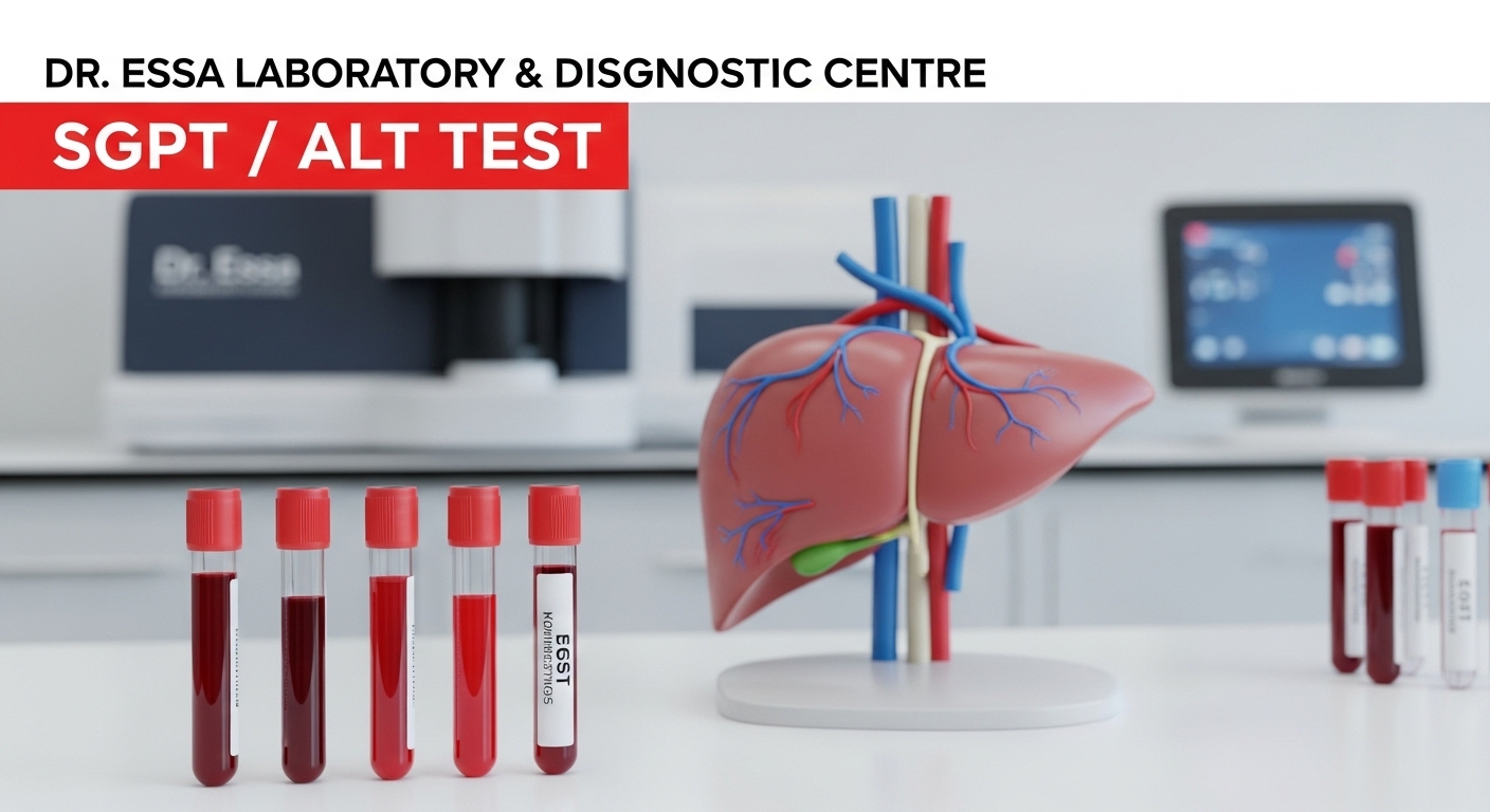 Blood sample tubes and liver model representing the SGPT / ALT Test at Dr. Essa Laboratory & Diagnostic Centre