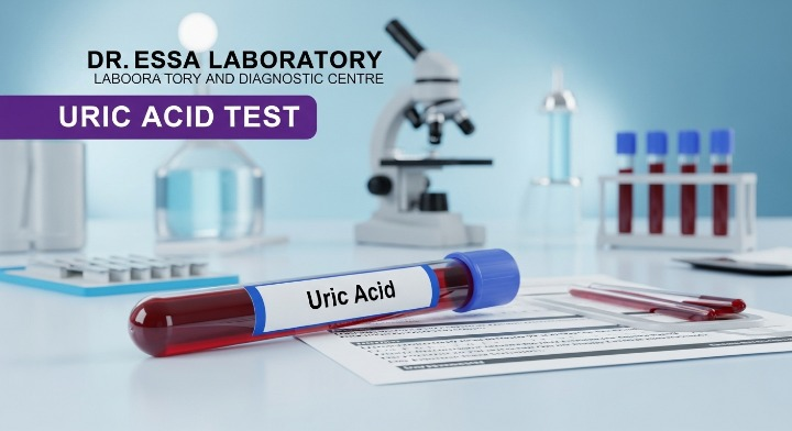 Dr. Essa Laboratory Uric Acid Test blood sample on lab table.