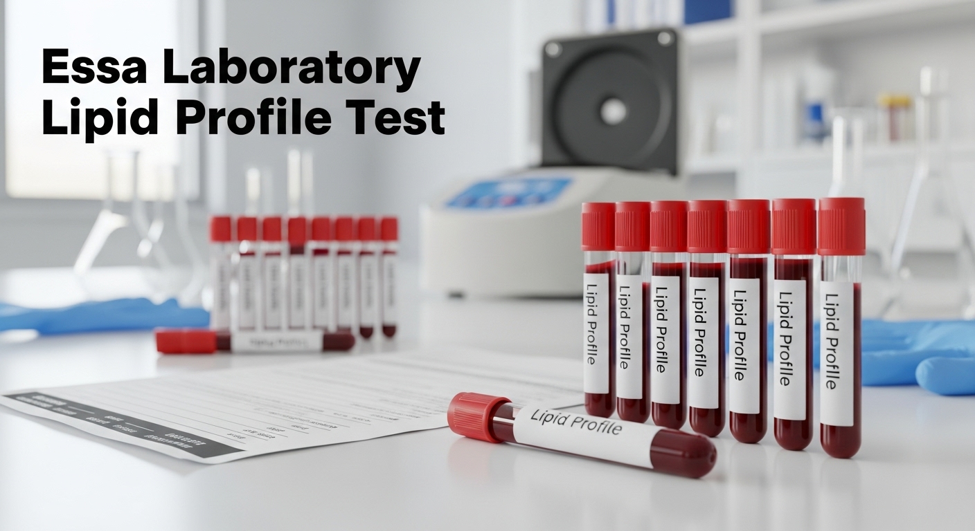 Test tubes labeled Lipid Profile in Essa Laboratory for cholesterol and lipid testing.