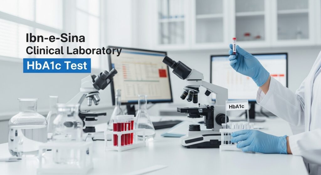 A lab technician at Ibn-e-Sina Clinical Laboratory performing an HbA1c test with microscopes and blood samples on the table