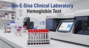 Blood samples and analyzer equipment at Ibn-E-Sina Clinical Laboratory for Hemoglobin Test