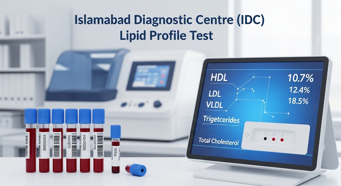Lipid Profile Test showing HDL, LDL, and cholesterol levels at Islamabad Diagnostic Centre (IDC).