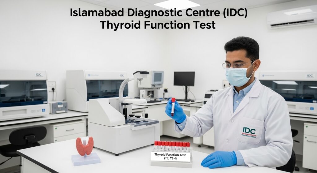 A lab technician at Islamabad Diagnostic Centre (IDC) performing a Thyroid Function Test (T3, T4, TSH) using modern diagnostic equipment.