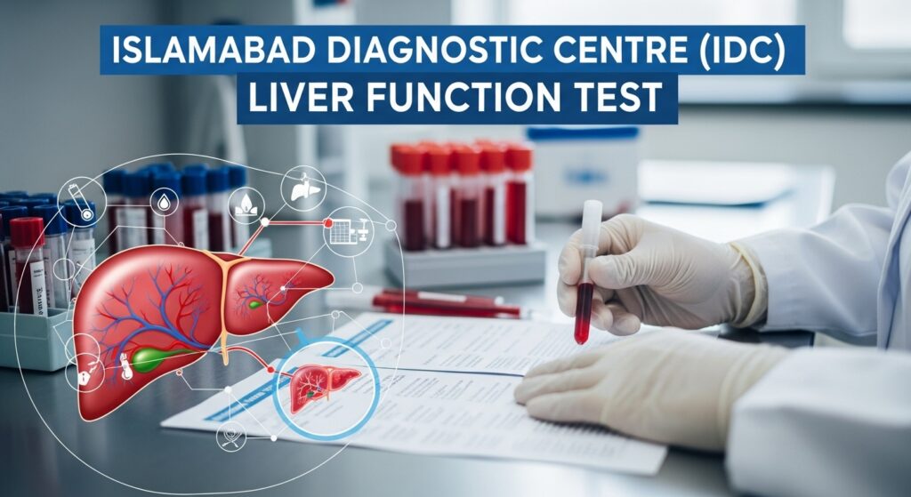 Liver Function Test at Islamabad Diagnostic Centre with blood sample and liver diagram.