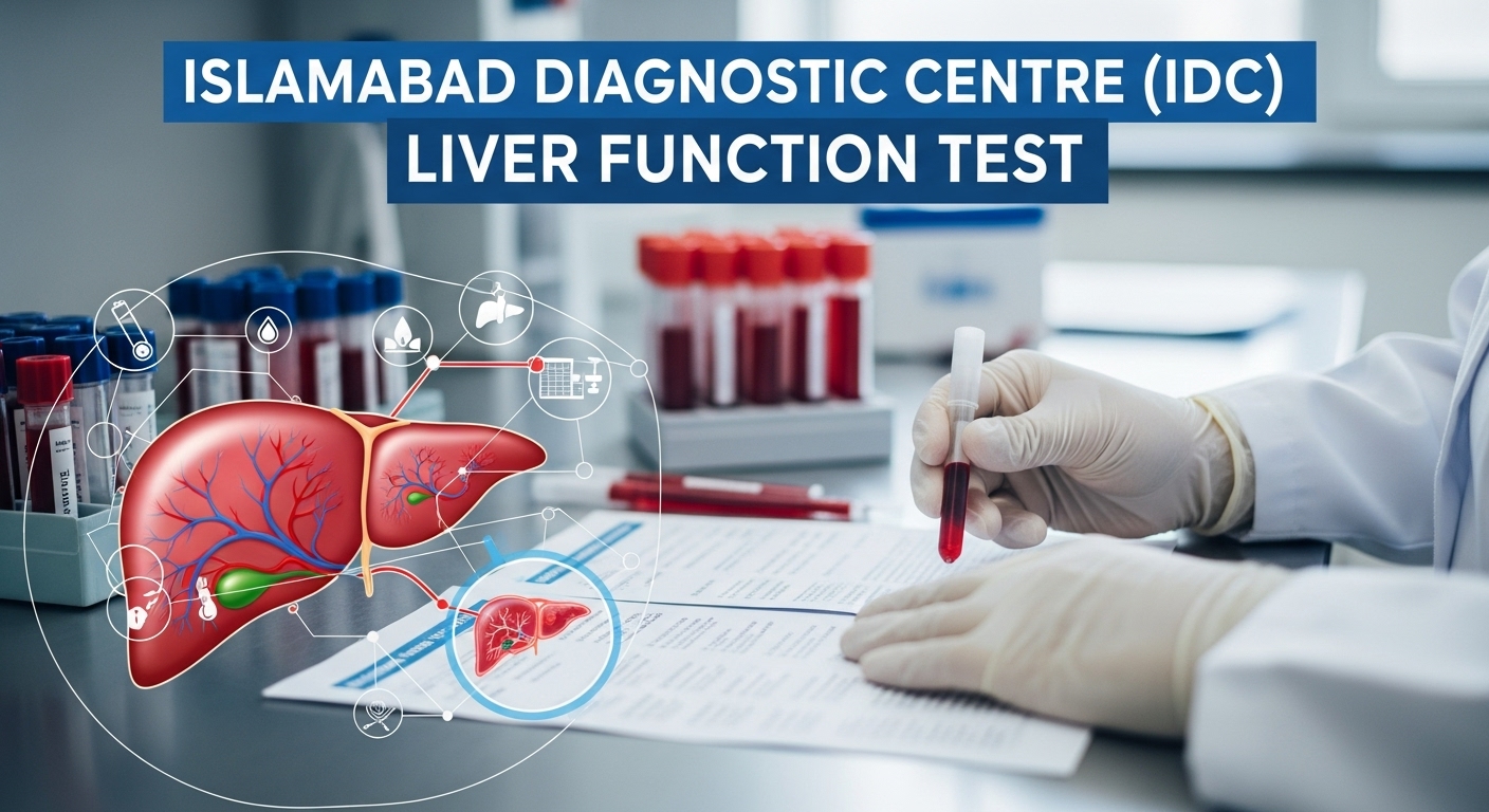 Liver Function Test at Islamabad Diagnostic Centre with blood sample and liver diagram.
