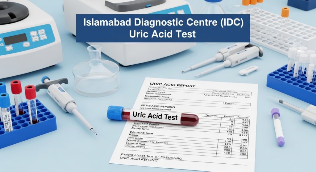 Uric Acid Tests report and blood sample at Islamabad Diagnostic Centre laboratory