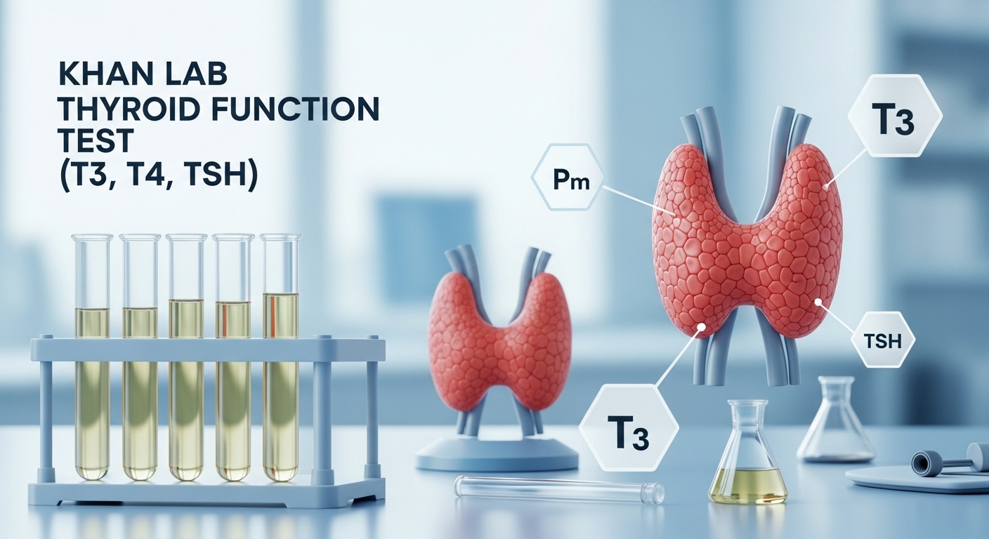 Laboratory setup showing thyroid gland model and test tubes for Thyroid Function Test including T3, T4, and TSH analysis at Khan Lab