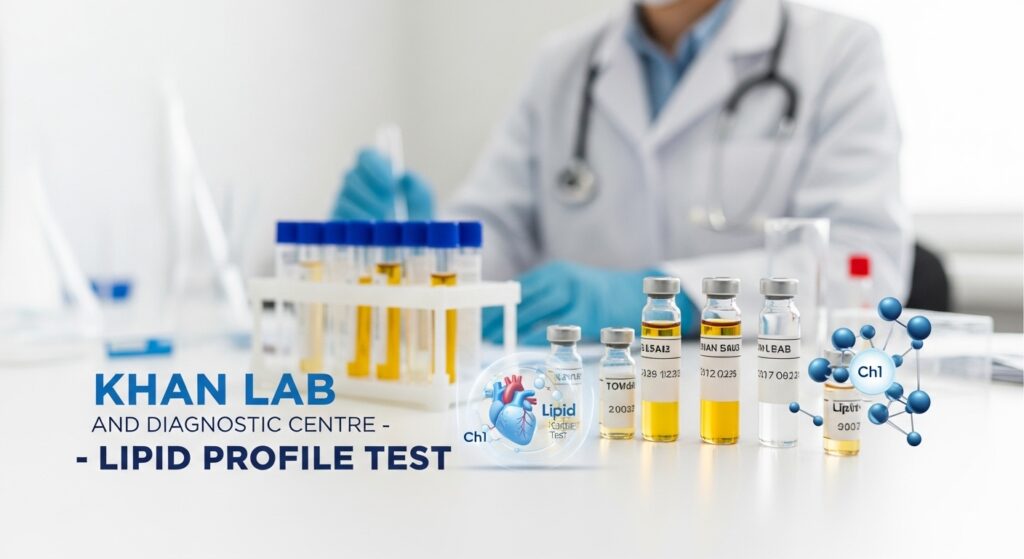 Laboratory setup with test tubes and a technician performing a Lipid Profile Test at Khan Lab and Diagnostic Centre.
