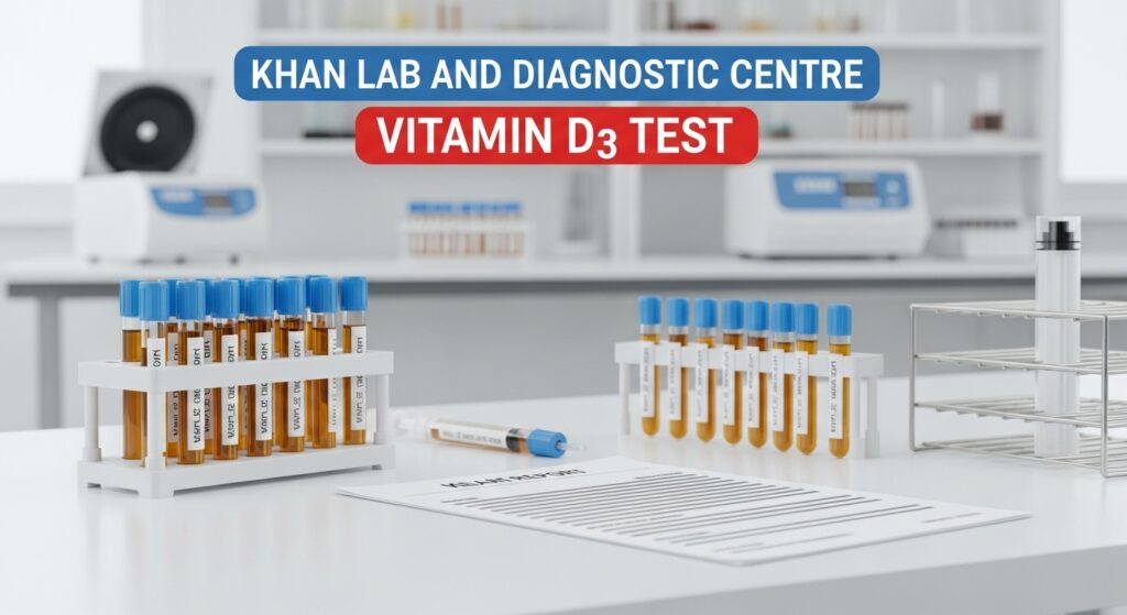 Test tubes with yellow serum samples labeled for Vitamin D3 testing at Khan Lab and Diagnostic Centre.