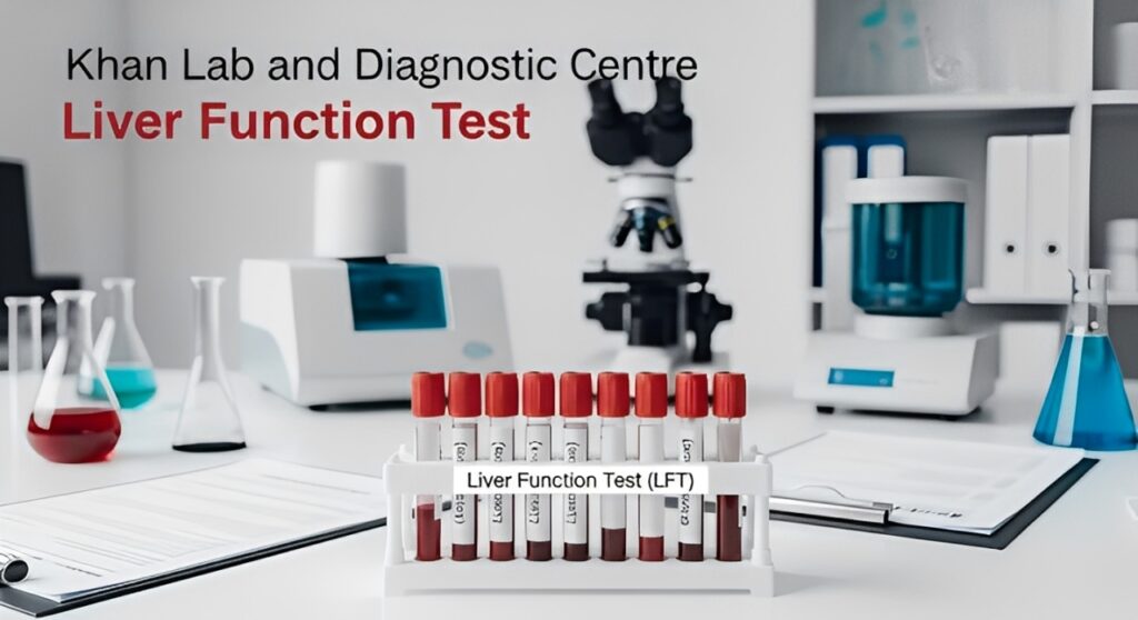 Lab setup with blood sample tubes labeled for Liver Function Test (LFT) at Khan Lab, featuring microscope, test tubes with red and blue liquids, and diagnostic equipment.